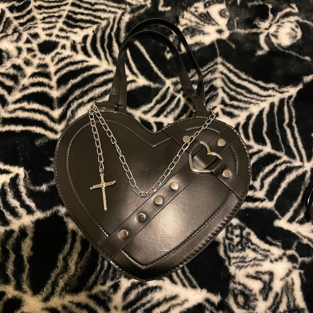 Edgy Goth Chic Punk Crossbody Shoulder Bag Purse Heart Cross & Chain Details